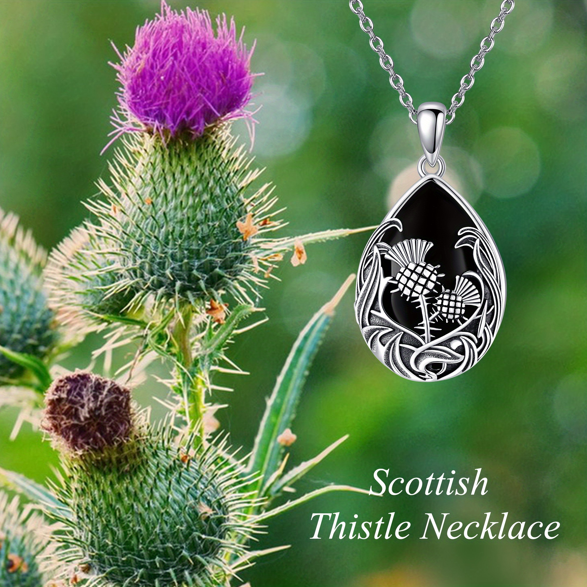 Women's 925 Sterling Silver Scottish Thistle Necklace with Black Agate
